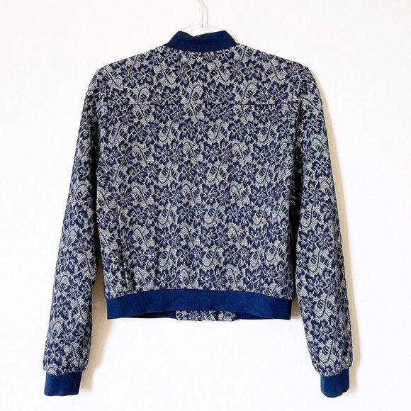BCBGMaxAzria Floral Lace "Kenneth" Zip-Front Navy Blue Bomber Jacket - Size XXS - Picture 2 of 15